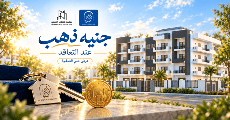 عرض حي الصفوة بالعاشر من رمضان من بيرفكت للتطوير العقاري، جنيه ذهب عند التعاقد، مع ظهور واجهة العمارات السكنية بالمشروع.
